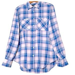 Lauren Ralph Lauren Plaid Button Up RollTab Sleeve Top Pink MED Preppy Academia